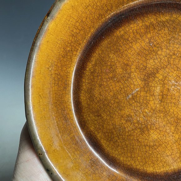 Antique Pottery Yellow Ware Glazed Handled Pie Plate Pan Primitive Glazed Rustic - Picture 6 of 16